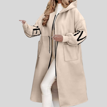 Johanna | Dames Lange Modieuze Jas | Met Geribbelde Mouwen