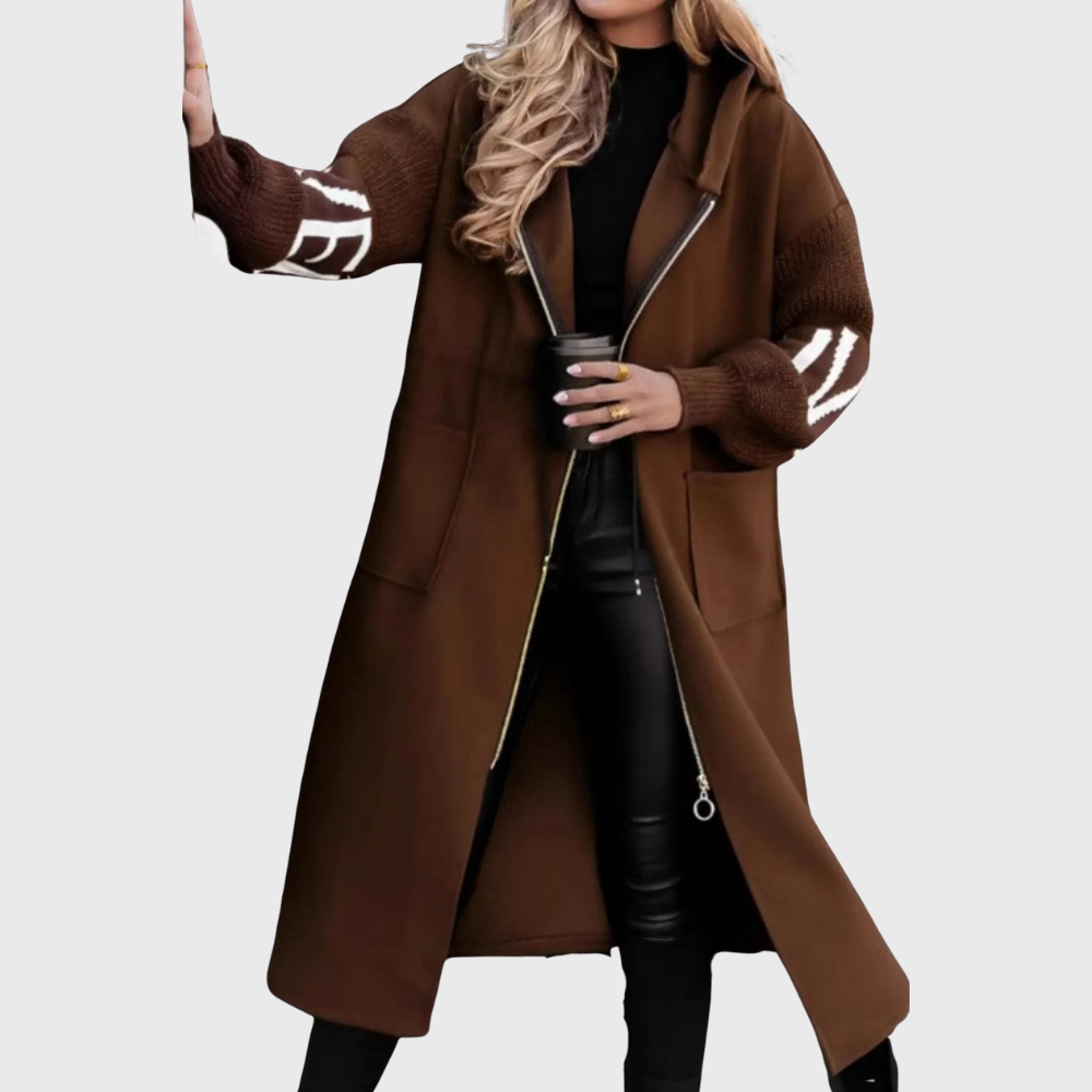 Johanna | Dames Lange Modieuze Jas | Met Geribbelde Mouwen